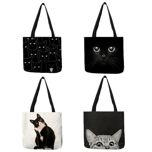 Fabric Traveling Shopping Bags Cute Cat Print Tote Bag for Women Personality School Shoulder Bags