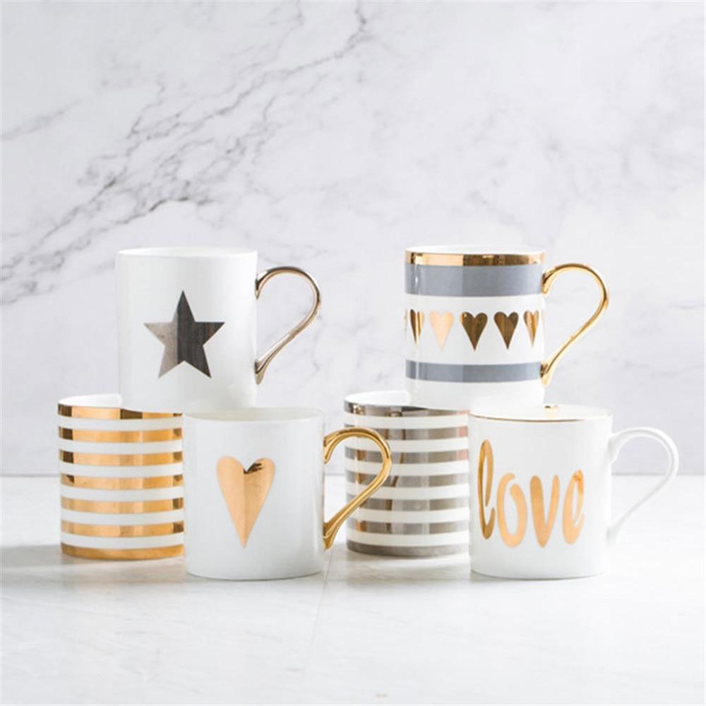 Creative Ceramic Milk Mug Love Star Stripe Pattern Gold Plating Handle Cup Office Household Coffee Milk Tea Mugs Home Decoration