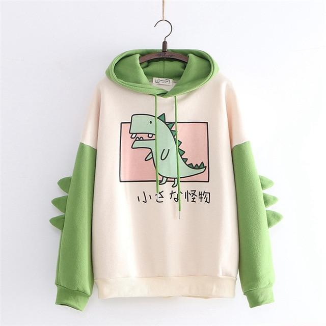 Merry Pretty Women Dinosaur Sweatshirts Hooded Warm Fleece Hoodies Pullovers With Horns Harajuku Hooded Girls Teens Green Hoodie
