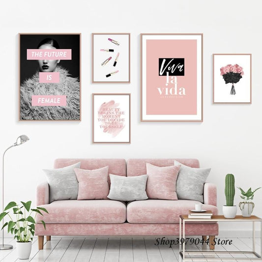 Nordic Poster Beauty Posters Lipstick Wall Art Pink Flower Canvas Painting Pop Art Prints Wall Pictures For Living Room Unframed