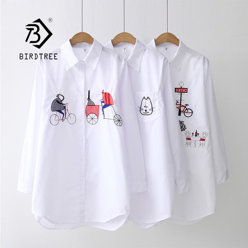 2019 NEW White Shirt Casual Wear Button Up Turn Down Collar Long Sleeve Cotton Blouse Embroidery Feminina HOT Sale T8D427M