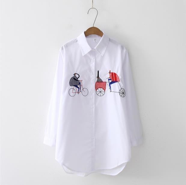 2019 NEW White Shirt Casual Wear Button Up Turn Down Collar Long Sleeve Cotton Blouse Embroidery Feminina HOT Sale T8D427M