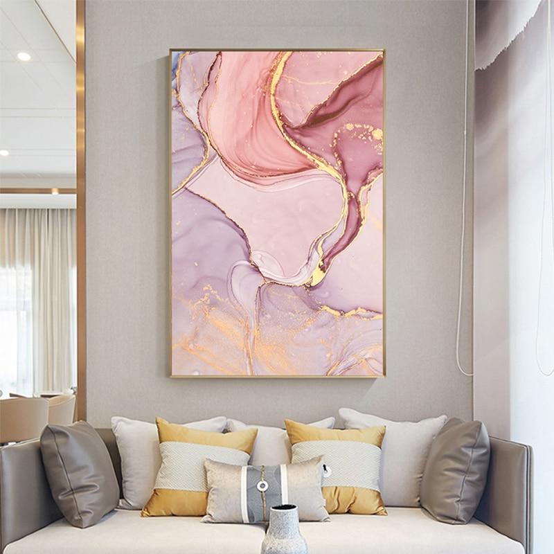 Nordc Purple Pink Canvas Painting Modern Gold Paint Poster and Print Wall Picture for Living Room Abstract Flowing Gold Wall Art