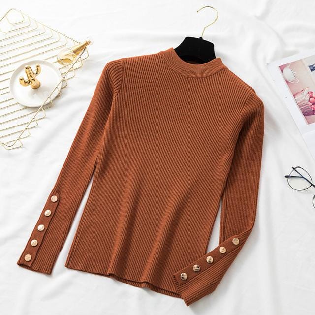Autumn Women Long Sleeve Pure Slim Sweater Winter Knitted Turtleneck Casual Cashmere Pullover Metal Buttons Split Cuff Basic Top