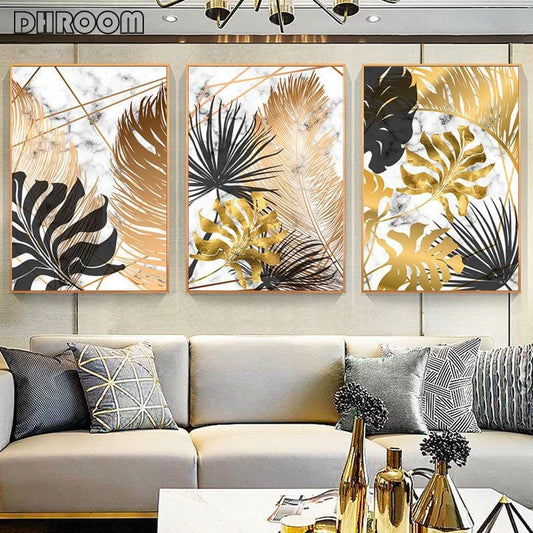 Nordic Plants Golden Leaf Canvas Painting Botanical Posters and Print Abstract Wall Art Pictures for Living Room Modern Decor