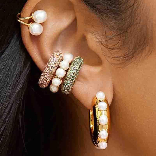 Boho Trendy Pearls Ear Cuff Earring For Women Girls Fashion Rainbow Cubic Zirconia Stones Small Clip Earring Bohemia Ear Jewelry