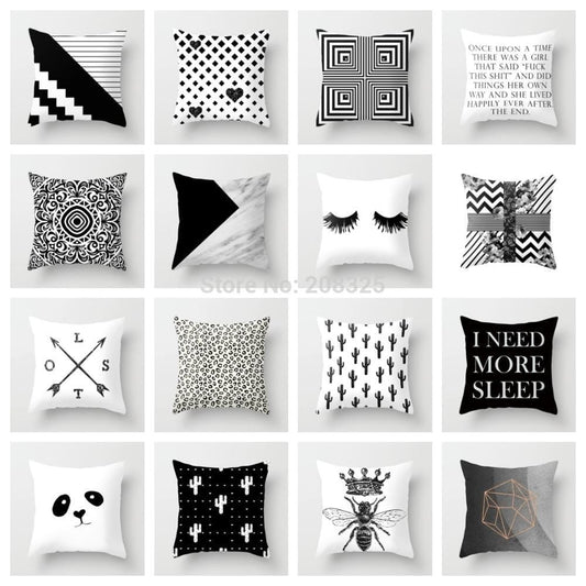 ZENGIA Geometric Cushion Cover Black and White Polyester Throw Pillow Case Striped Dotted Grid Triangular Geometric Art Cushion
