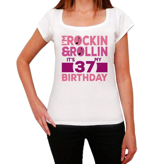 Rockin&rollin 37 White Womens Short Sleeve Round Neck T-Shirt Gift T-Shirt 00343 - White / Xs - Casual