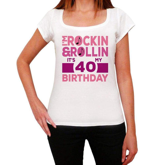 Rockin&rollin 40 White Womens Short Sleeve Round Neck T-Shirt Gift T-Shirt 00343 - White / Xs - Casual