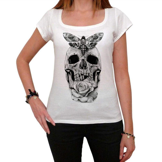 Skull With Moth And Rose Tattoo Womens Short Sleeve Scoop Neck Tee 00161
