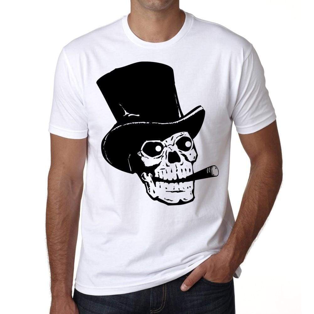 Skull With Top Hat And Cigar Mens White Tee 100% Cotton 00187
