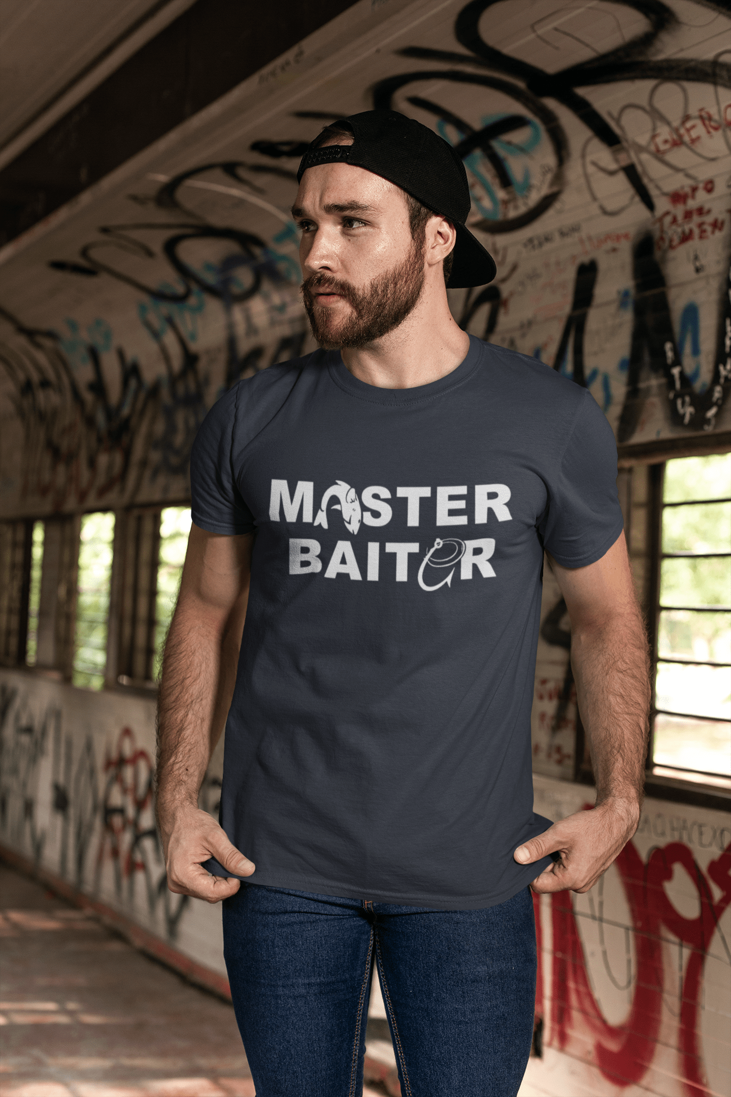 Graphic Men's Master Baitor T-Shirt Black Letter Print Navy Round Neck
