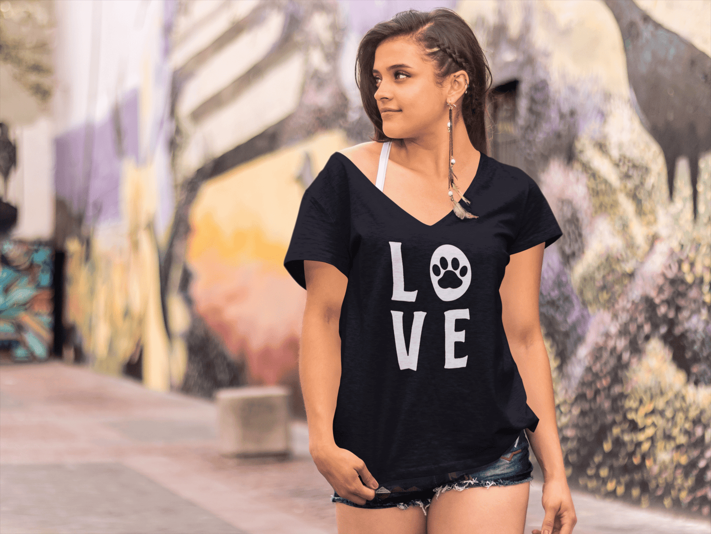 ULTRABASIC Women's V-Neck T-Shirt Love Dog Paws - Short Sleeve Tee Shirt Tops