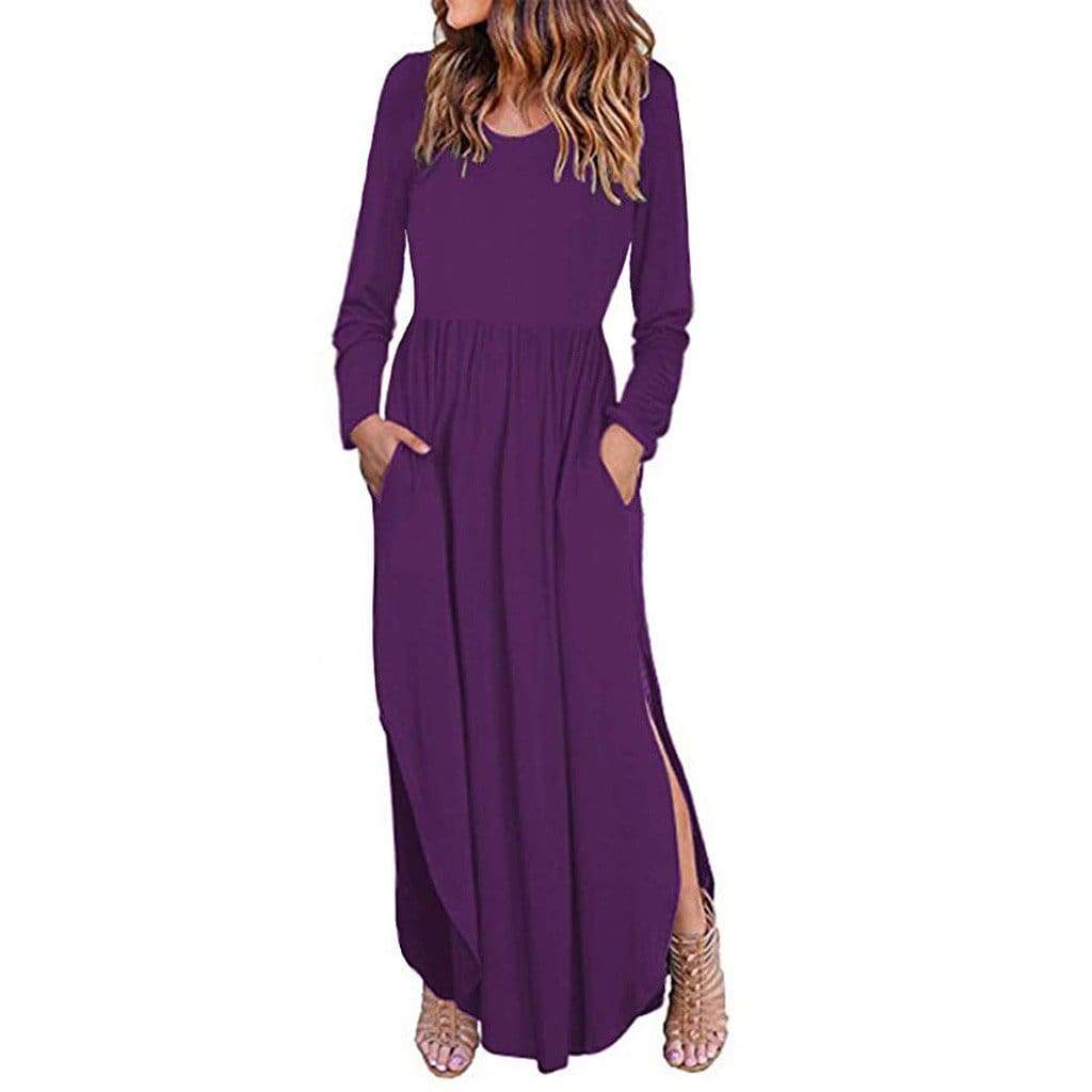 Women Loose Split Waist Swing Long Sleeve Casual Floor Length Maxi Long Dresse - Purple / L