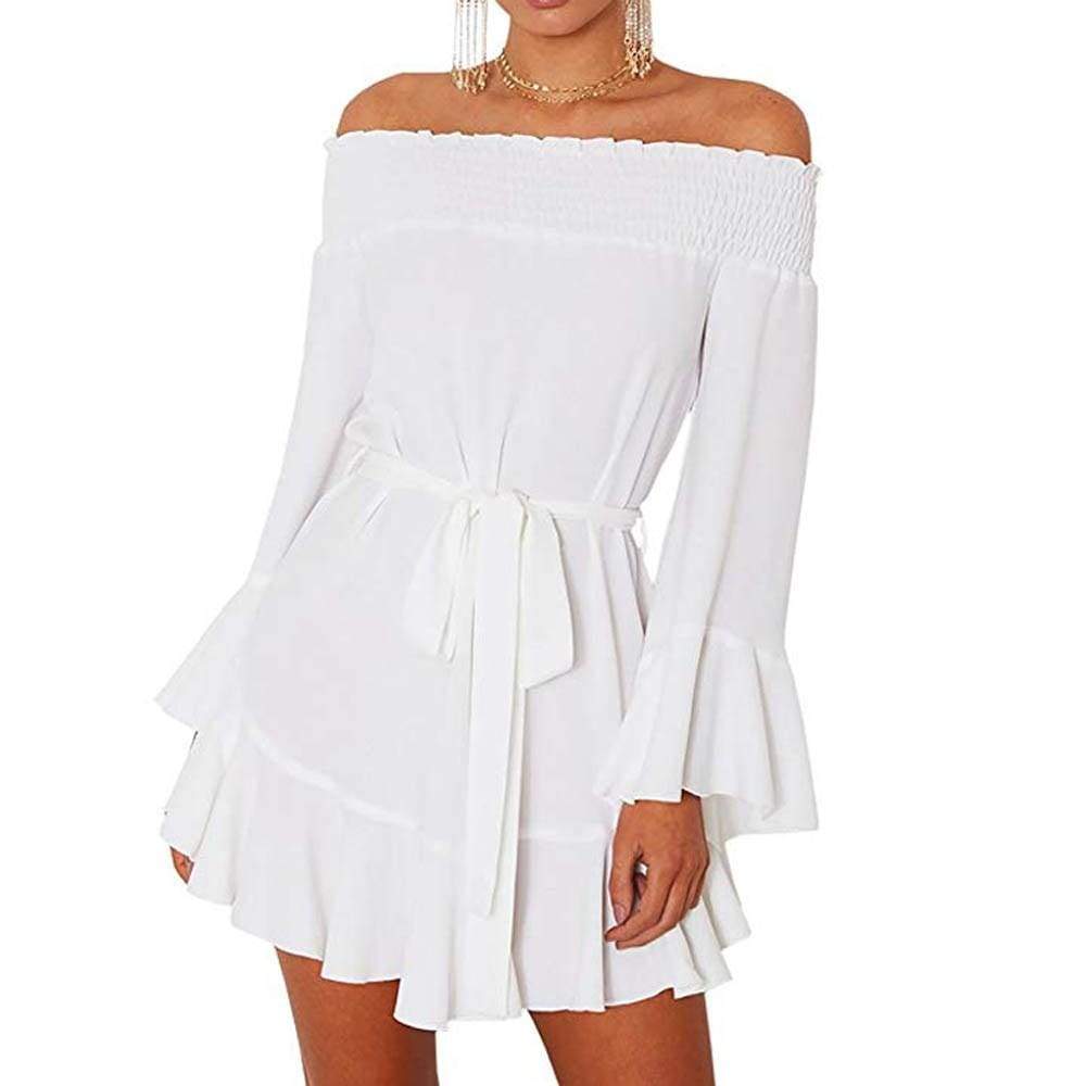 Womens Off Shoulder Flared Drop Hem Tied Casual Mini Dress With Belt - White / L